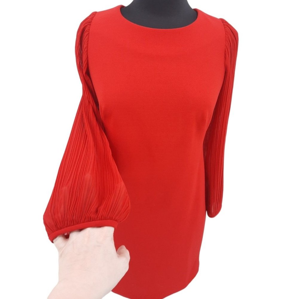 VTG 90s DR Collection Solid Red Shear Pleated Balloon Sleeve Dress Size 8 - Picture 2 of 10